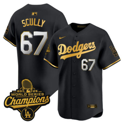 LA Dodgers 2025 World Series Champions Patch Gold Trim Vapor Premier Limited Jersey - Black Gold / Vin Scully
