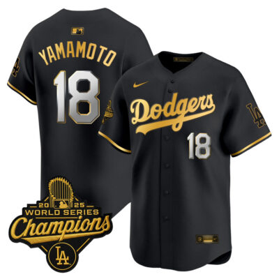LA Dodgers 2025 World Series Champions Patch Gold Trim Vapor Premier Limited Jersey - Black Gold / Yamamoto