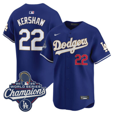LA Dodgers 2025 World Series Champions Patch Gold Trim Vapor Premier Limited Jersey - Royal / Clayton Kershaw
