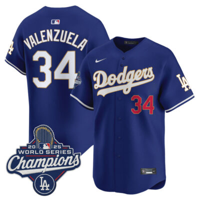 LA Dodgers 2025 World Series Champions Patch Gold Trim Vapor Premier Limited Jersey - Royal / Fernando Valenzuela