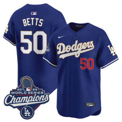 LA Dodgers 2025 World Series Champions Patch Gold Trim Vapor Premier Limited Jersey - Royal / Mookie Betts