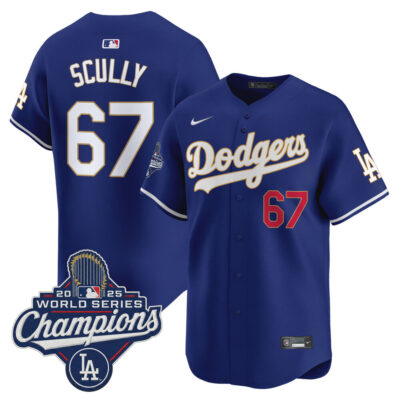 LA Dodgers 2025 World Series Champions Patch Gold Trim Vapor Premier Limited Jersey - Royal / Vin Scully