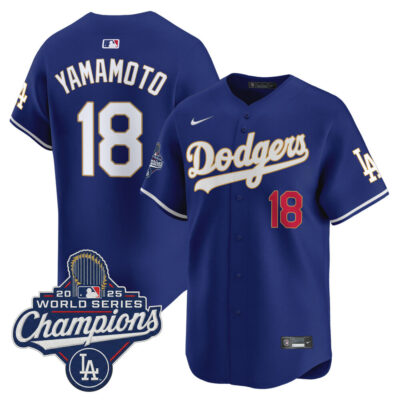 LA Dodgers 2025 World Series Champions Patch Gold Trim Vapor Premier Limited Jersey - Royal / Yamamoto