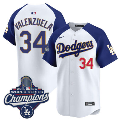 LA Dodgers 2025 World Series Champions Patch Gold Trim Vapor Premier Limited Jersey - White Alternate / Fernando Valenzuela