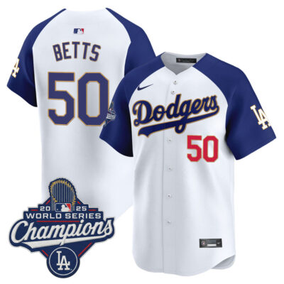LA Dodgers 2025 World Series Champions Patch Gold Trim Vapor Premier Limited Jersey - White Alternate / Mookie Betts