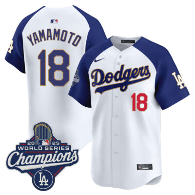 LA Dodgers 2025 World Series Champions Patch Gold Trim Vapor Premier Limited Jersey - White Alternate / Yamamoto