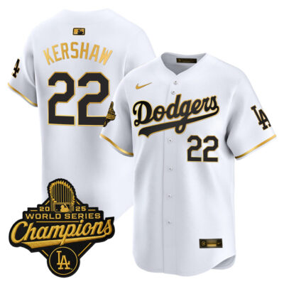 LA Dodgers 2025 World Series Champions Patch Gold Trim Vapor Premier Limited Jersey - White Gold / Clayton Kershaw