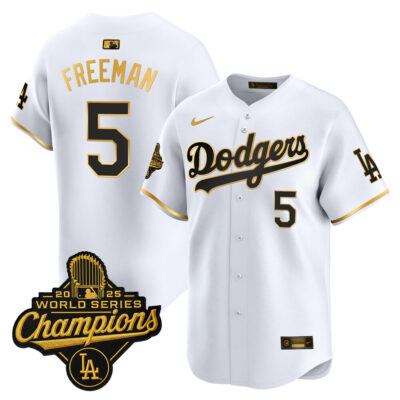 LA Dodgers 2025 World Series Champions Patch Gold Trim Vapor Premier Limited Jersey - White Gold / Freddie Freeman
