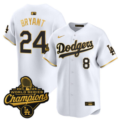 LA Dodgers 2025 World Series Champions Patch Gold Trim Vapor Premier Limited Jersey - White Gold / Kobe Bryant