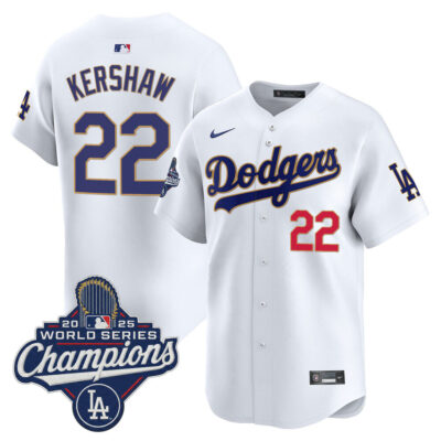 LA Dodgers 2025 World Series Champions Patch Gold Trim Vapor Premier Limited Jersey - white / Clayton Kershaw