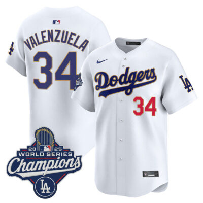 LA Dodgers 2025 World Series Champions Patch Gold Trim Vapor Premier Limited Jersey - white / Fernando Valenzuela