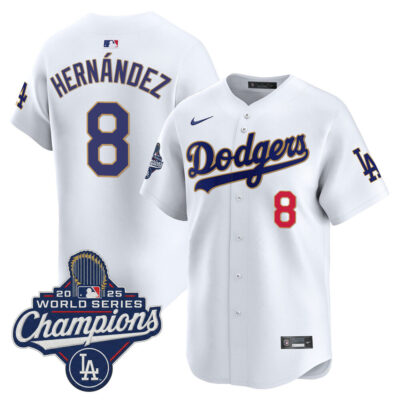 LA Dodgers 2025 World Series Champions Patch Gold Trim Vapor Premier Limited Jersey - white / Kike Hernandez