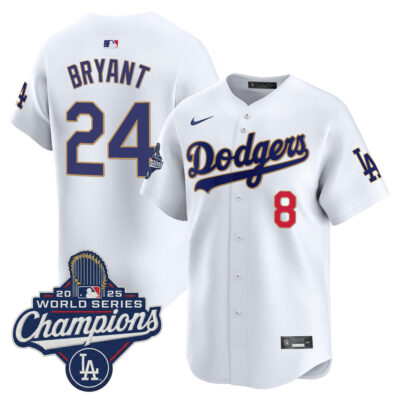 LA Dodgers 2025 World Series Champions Patch Gold Trim Vapor Premier Limited Jersey - white / Kobe Bryant