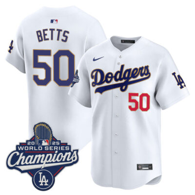 LA Dodgers 2025 World Series Champions Patch Gold Trim Vapor Premier Limited Jersey - white / Mookie Betts