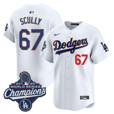 LA Dodgers 2025 World Series Champions Patch Gold Trim Vapor Premier Limited Jersey - white / Vin Scully