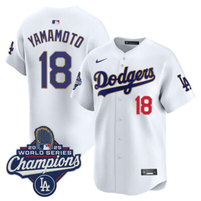 LA Dodgers 2025 World Series Champions Patch Gold Trim Vapor Premier Limited Jersey - white / Yamamoto