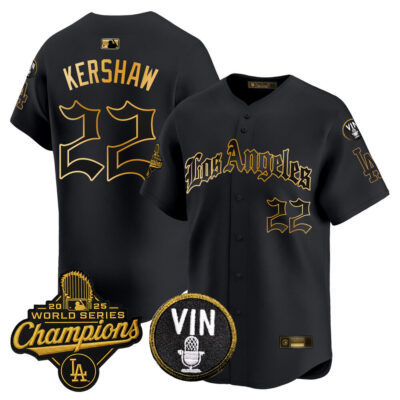 LA Dodgers 2025 World Series Champions Vapor Premier Limited Jersey - LA Gothic Edition - Black Gold / Clayton Kershaw