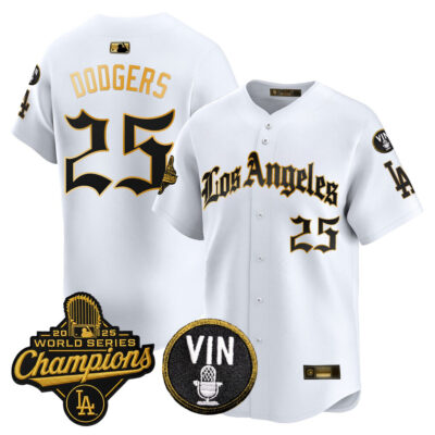 LA Dodgers 2025 World Series Champions Vapor Premier Limited Jersey - LA Gothic Edition - White Gold / #25 LA Dodgers