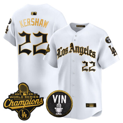 LA Dodgers 2025 World Series Champions Vapor Premier Limited Jersey - LA Gothic Edition - White Gold / Clayton Kershaw