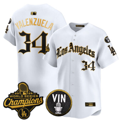 LA Dodgers 2025 World Series Champions Vapor Premier Limited Jersey - LA Gothic Edition - White Gold / Fernando Valenzuela