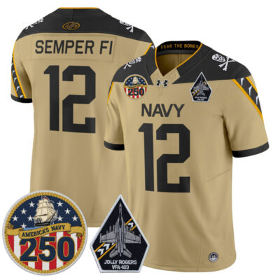 Navy Midshipmen 'Jolly Rogers Edition' Vapor Limited Jersey - 250th Anniversary Patch - Gold / #12 Semper Fi
