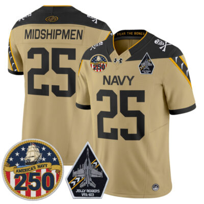 Navy Midshipmen 'Jolly Rogers Edition' Vapor Limited Jersey - 250th Anniversary Patch - Gold / #25 Midshipmen