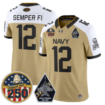 Navy Midshipmen 'Jolly Rogers Edition' Vapor Limited Jersey - 250th Anniversary Patch - Gold Alternate / #12 Semper Fi
