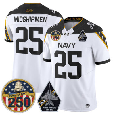 Navy Midshipmen 'Jolly Rogers Edition' Vapor Limited Jersey - 250th Anniversary Patch - White / #25 Midshipmen