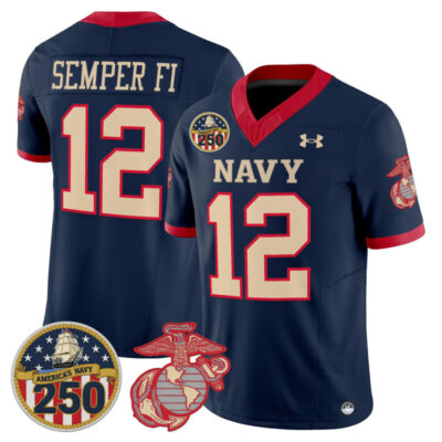 Navy Midshipmen Vapor USMC Premier Jersey - 250th Anniversary Patch - Navy / #12 Semper Fi