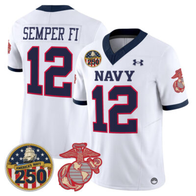 Navy Midshipmen Vapor USMC Premier Jersey - 250th Anniversary Patch - White / #12 Semper Fi