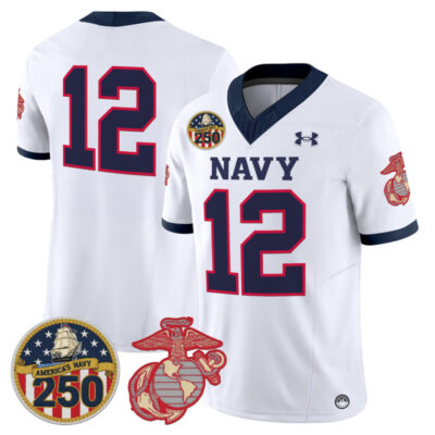 Navy Midshipmen Vapor USMC Premier Jersey - 250th Anniversary Patch - White / 12th Man