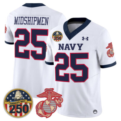 Navy Midshipmen Vapor USMC Premier Jersey - 250th Anniversary Patch - White / #25 Midshipmen