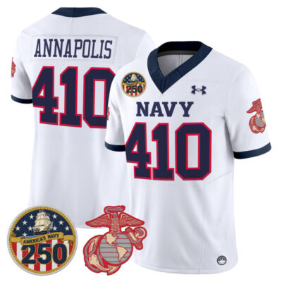Navy Midshipmen Vapor USMC Premier Jersey - 250th Anniversary Patch - White / Annapolis 410