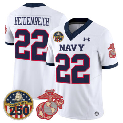Navy Midshipmen Vapor USMC Premier Jersey - 250th Anniversary Patch - White / Eli Heidenreich