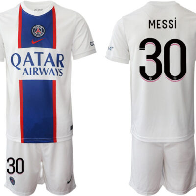 Paris Saint-Germain #30 Lionel Messi 2023 White Away Soccer Jersey Suit