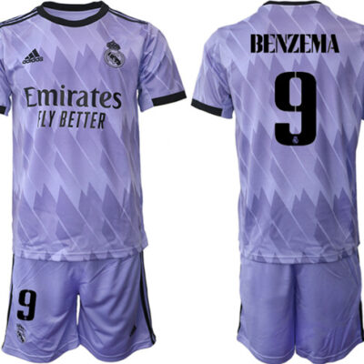 Real Madrid #9 Karim Benzema 22/23 Purple Away Soccer Jersey Suit