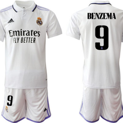 Real Madrid #9 Karim Benzema 22/23 White Home Soccer Jersey Suit