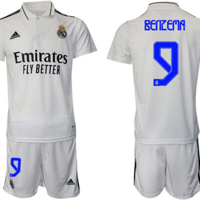 Real Madrid #9 Karim Benzema 22/23 White Home Soccer Jersey Suit