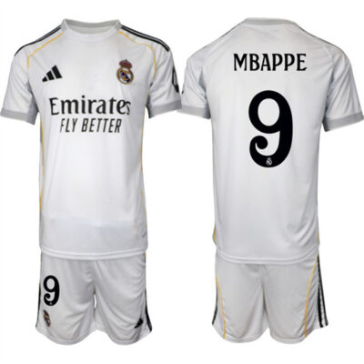 Real Madrid #9 Kylian Mbappe 25/26 White Home Soccer Jersey Suit