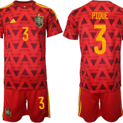 Spain #3 Pique Red Home Soccer Jersey Suit