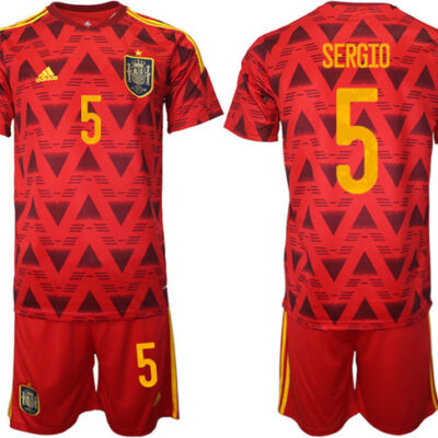 Spain #5 Sergio Red Home Soccer Jersey Suit