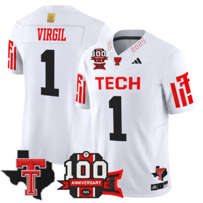 Texas Tech Red Raiders 2025 Vapor Limited Jersey - 100th Anniversary & Texas Patch - White Reggie Virgil