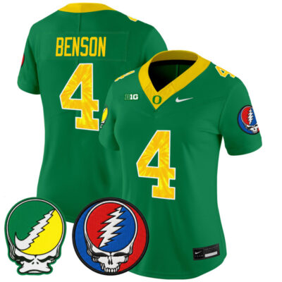 Women's Oregon Ducks 2025 'Grateful Ducks x Grateful Dead' Vapor Limited Jersey - Green / Malik Benson