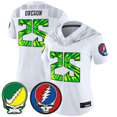 Women's Oregon Ducks 2025 'Grateful Ducks x Grateful Dead' Vapor Limited Jersey - White / #25 Oregon
