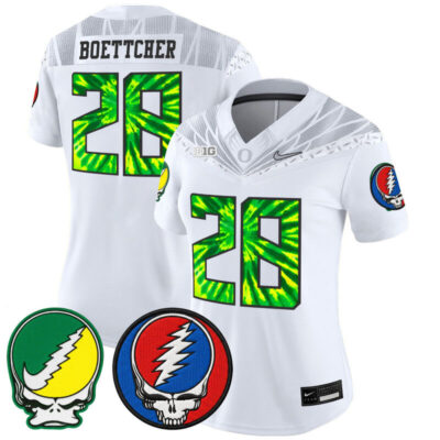 Women's Oregon Ducks 2025 'Grateful Ducks x Grateful Dead' Vapor Limited Jersey - White / Bryce Boettcher