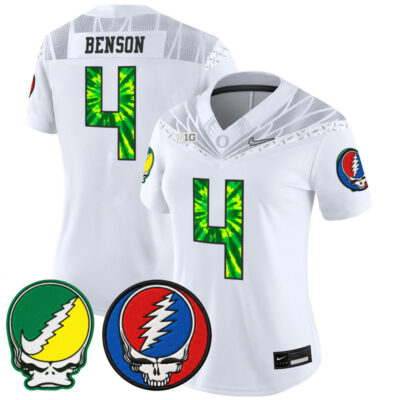 Women's Oregon Ducks 2025 'Grateful Ducks x Grateful Dead' Vapor Limited Jersey - White / Malik Benson