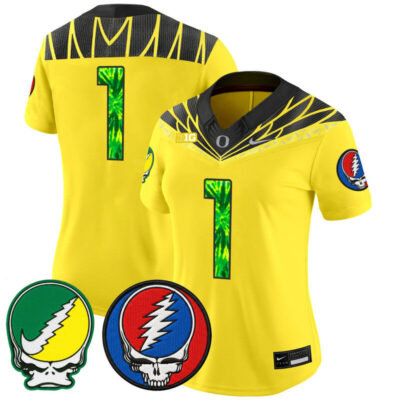 Women's Oregon Ducks 2025 'Grateful Ducks x Grateful Dead' Vapor Limited Jersey - Yellow / #1 Team