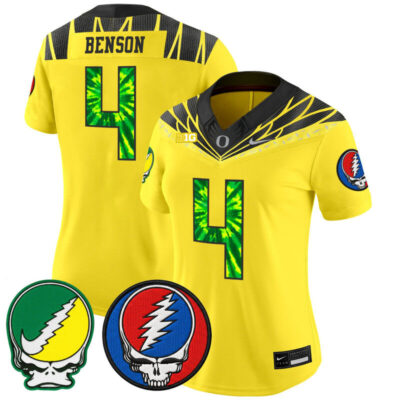 Women's Oregon Ducks 2025 'Grateful Ducks x Grateful Dead' Vapor Limited Jersey - Yellow / Malik Benson