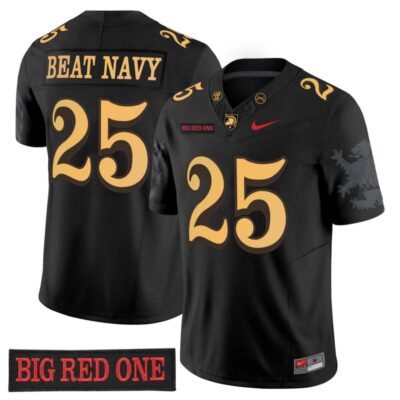Army Black Knights 'Big Red One Edition' Vapor Jersey - Stitched Numbers/Patches - Black Lion Graphic Sleeves - #25 Beat Navy
