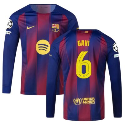 Barca Home Jersey 2025-2026 Gavi Long Sleeve Ucl